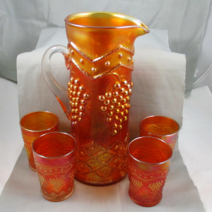 Antique Fenton Lattice & Grape Marigold Carnival Glass Water Set