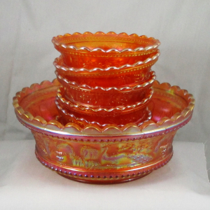 Antique Northwood Peacock at the Fountain Marigold Carnival Glass Berry Set