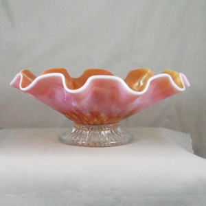 Antique Dugan Peach Opal Raindrops Carnival Glass Crimped Bowl