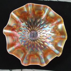 Antique Dugan Peach Opal Raindrops Carnival Glass Crimped Bowl