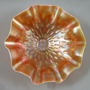 Antique Dugan Peach Opal Raindrops Carnival Glass Crimped Bowl