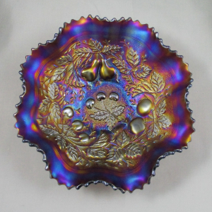 Antique Northwood Amethyst Three Fruits Stippled Carnival Glass Bowl