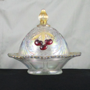 Antique Dugan Ice White Wreathed Cherry Carnival Glass Butter Dish Red Cherries