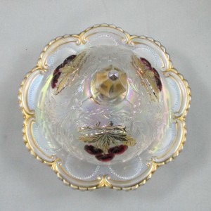 Antique Dugan Ice White Wreathed Cherry Carnival Glass Butter Dish Red Cherries