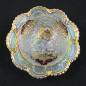 Antique Dugan Ice White Wreathed Cherry Carnival Glass Butter Dish Red Cherries