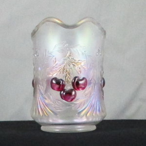 Antique Dugan Ice White Wreathed Cherry Carnival Glass Creamer Red Cherries