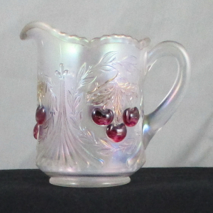 Antique Dugan Ice White Wreathed Cherry Carnival Glass Creamer Red Cherries
