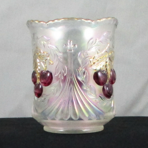 Antique Dugan Ice White Wreathed Cherry Carnival Glass Spooner Red Cherries