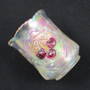 Antique Dugan Ice White Wreathed Cherry Carnival Glass Spooner Red Cherries