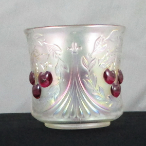 Antique Dugan Ice White Wreathed Cherry Carnival Glass Open Sugar Red Cherries