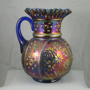 Antique Fenton Bouquet Blue Carnival Glass Water Set