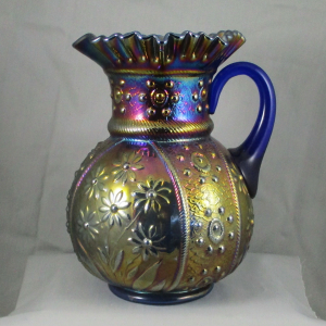 Antique Fenton Bouquet Blue Carnival Glass Water Set