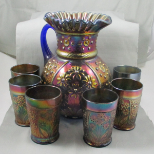 Antique Fenton Bouquet Blue Carnival Glass Water Set