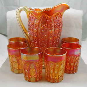 Antique Imperial Octagon Marigold Carnival Glass Water Set