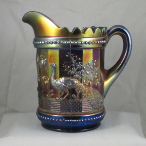 Antique Northwood Blue Peacock At The Fountain Carnival Glass Water Pitcher