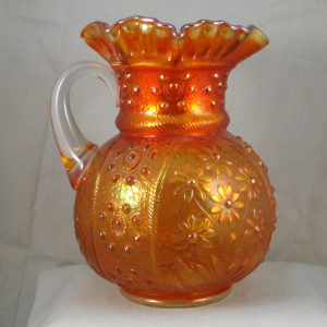 Antique Fenton Bouquet Marigold Carnival Glass Water Pitcher & Tumbler