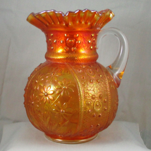 Antique Fenton Bouquet Marigold Carnival Glass Water Pitcher & Tumbler