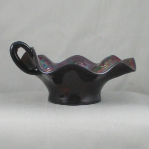 Antique Dugan Amethyst Holly Berry Carnival Glass Nappy Ring Handle Bowl