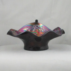 Antique Dugan Amethyst Holly Berry Carnival Glass Nappy Ring Handle Bowl