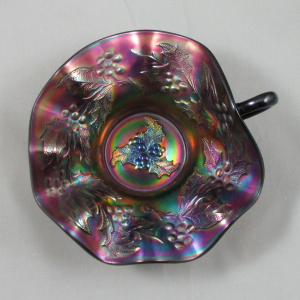 Antique Dugan Amethyst Holly Berry Carnival Glass Nappy Ring Handle Bowl