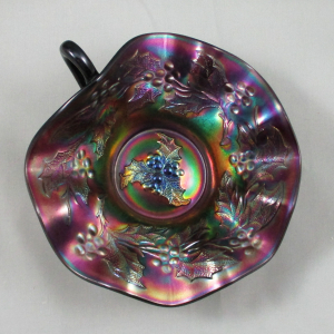 Antique Dugan Amethyst Holly Berry Carnival Glass Nappy Ring Handle Bowl