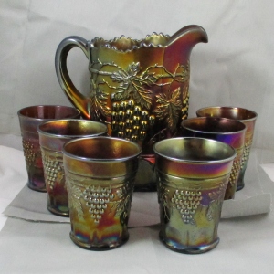 Antique Northwood Amethyst Grape & Cable Carnival Glass Water Set 1+6