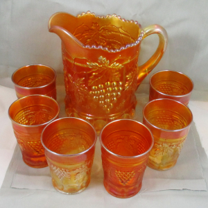 Antique Northwood Marigold Grape & Cable Carnival Glass Water Set 1+6