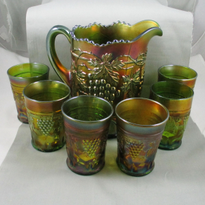 Antique Northwood Green Grape & Cable Carnival Glass Water Set 1+6