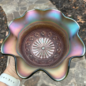 Antique Northwood Rosette Green Carnival Glass Nut Bowl