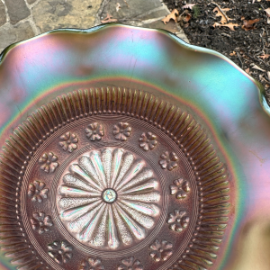 Antique Northwood Rosette Green Carnival Glass Nut Bowl