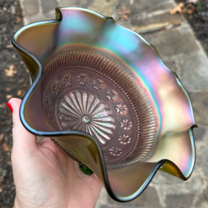 Antique Northwood Rosette Green Carnival Glass Nut Bowl