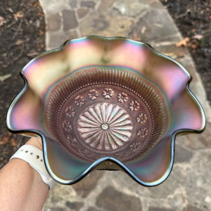 Antique Northwood Rosette Green Carnival Glass Nut Bowl