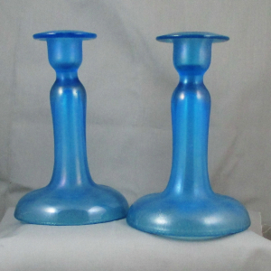 Antique US Glass Celeste Blue #151 Carnival Glass Candle Holder Pair