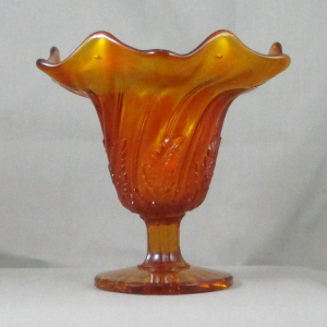 Antique Westmoreland Leaf Swirl Amber Carnival Glass Compote