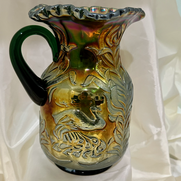 Antique Fenton GREEN Fluffy Peacock Carnival Glass Pitcher - SCARCE COLOR