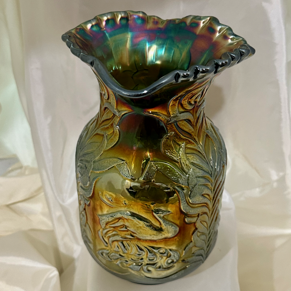 Antique Fenton GREEN Fluffy Peacock Carnival Glass Pitcher - SCARCE COLOR