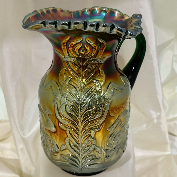 Antique Fenton GREEN Fluffy Peacock Carnival Glass Pitcher - SCARCE COLOR