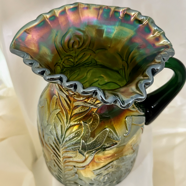 Antique Fenton GREEN Fluffy Peacock Carnival Glass Pitcher - SCARCE COLOR