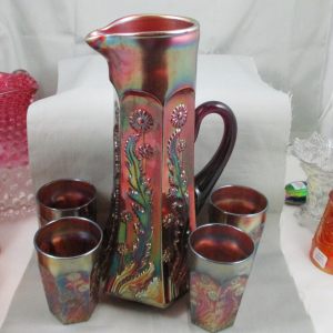 Antique Fenton Amethyst Paneled Dandelion Carnival Glass Water Set