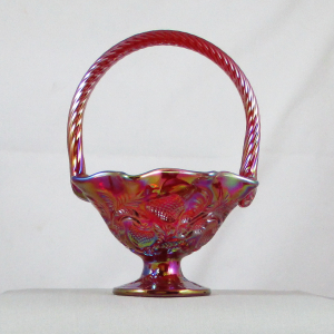 Fenton Red Inverted Strawberry Carnival Glass Handled Basket made for ACGA