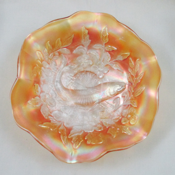 Antique Millersburg Marigold Trout & Fly Carnival Glass Bowl