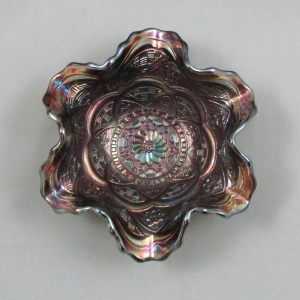 Antique Dugan Persian Garden Amethyst Carnival Glass 6-Ruffle Sauce Bowl