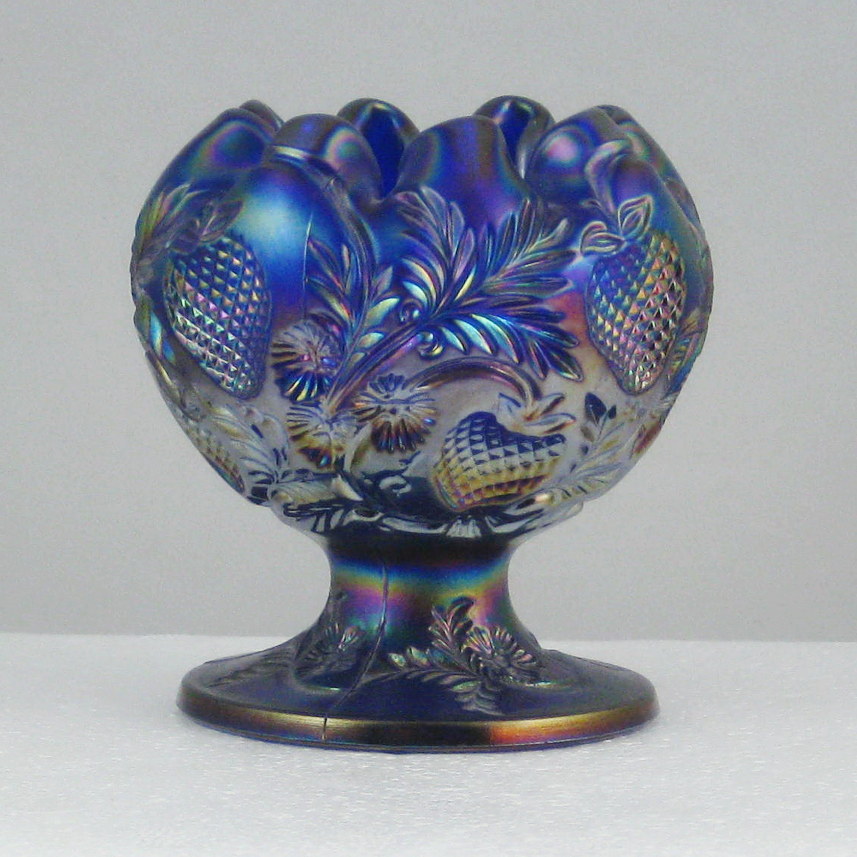 Fenton Blue Inverted Strawberry Carnival Glass Small Rosebowl Fenton Blue Inverted Strawberry Carnival Glass Small Rosebowl