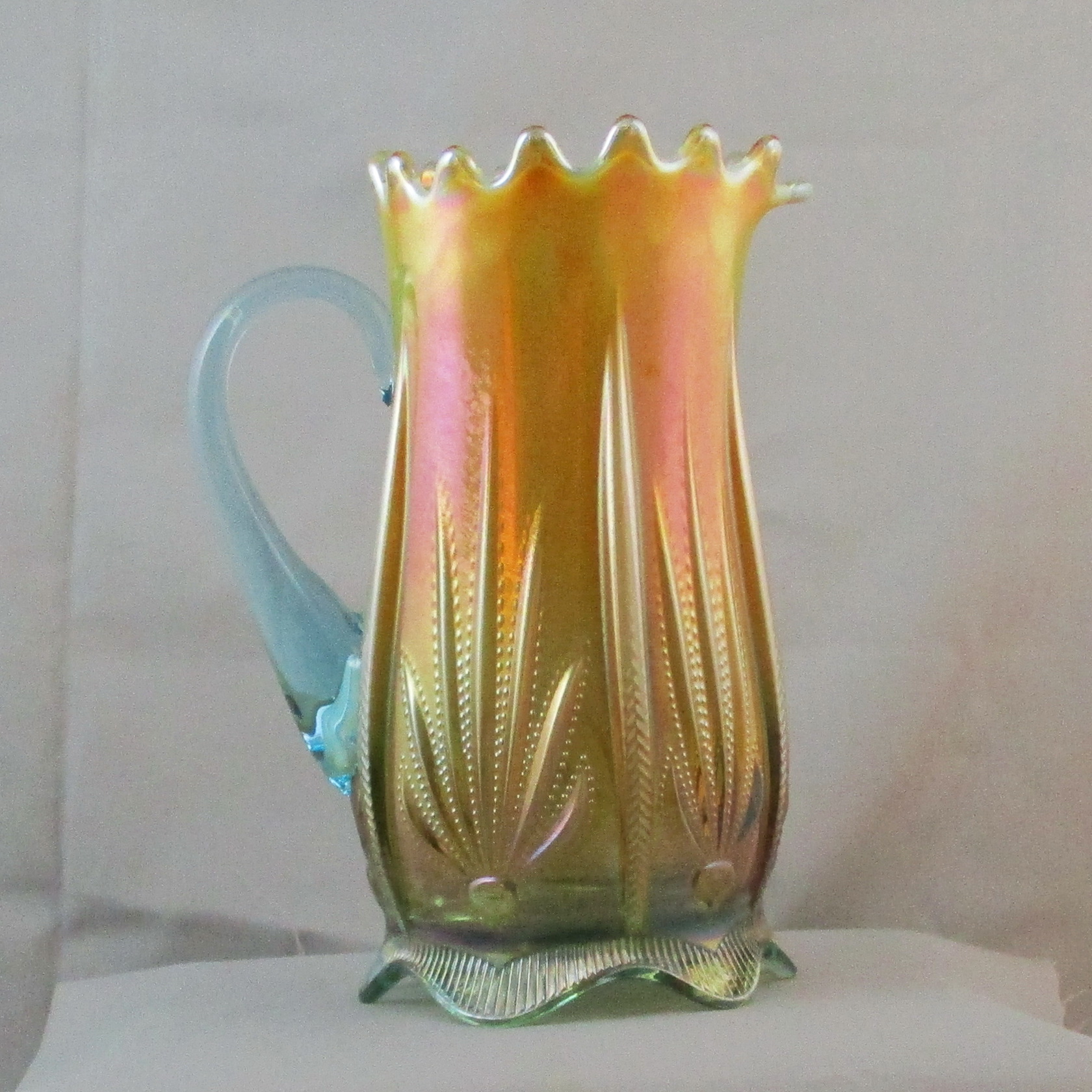 Fenton for Levay Glass Aqua Opal Cactus Carnival Glass Water Pitcher Fenton for Levay Glass Aqua Opal Cactus Carnival Glass Water Pitcher