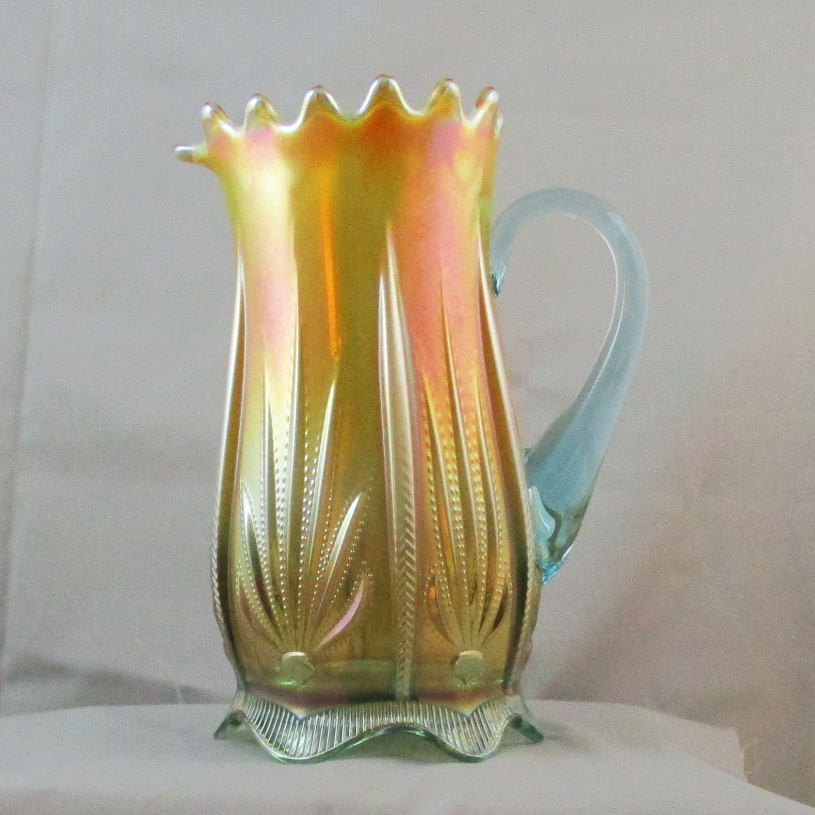 Fenton for Levay Glass Aqua Opal Cactus Carnival Glass Water Pitcher Fenton for Levay Glass Aqua Opal Cactus Carnival Glass Water Pitcher