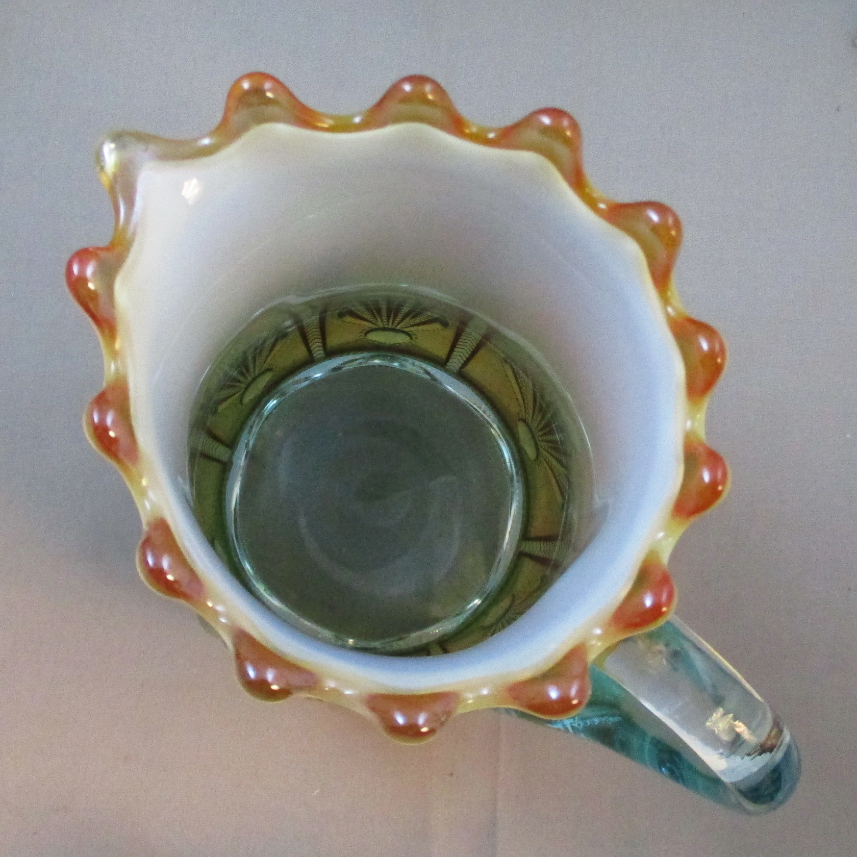 Fenton for Levay Glass Aqua Opal Cactus Carnival Glass Water Pitcher Fenton for Levay Glass Aqua Opal Cactus Carnival Glass Water Pitcher