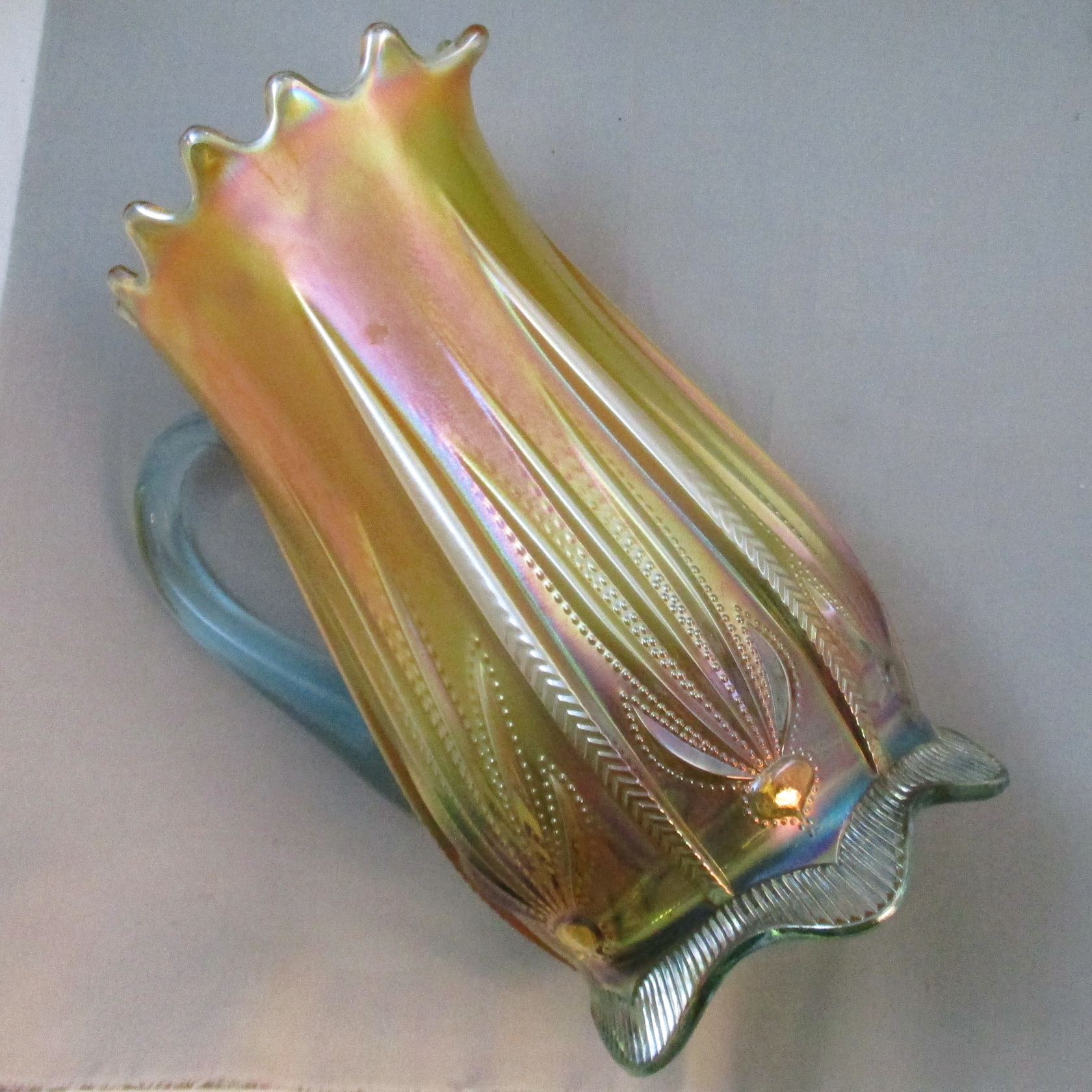 Fenton for Levay Glass Aqua Opal Cactus Carnival Glass Water Pitcher Fenton for Levay Glass Aqua Opal Cactus Carnival Glass Water Pitcher