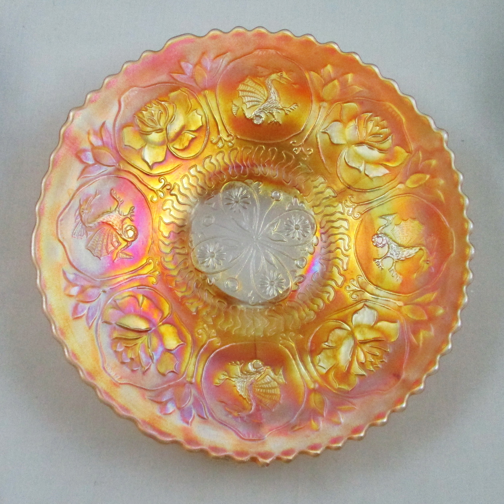 Antique Fenton Marigold Dragon & Lotus Carnival Glass Footed Plate Antique Fenton Marigold Dragon & Lotus Carnival Glass Footed Plate