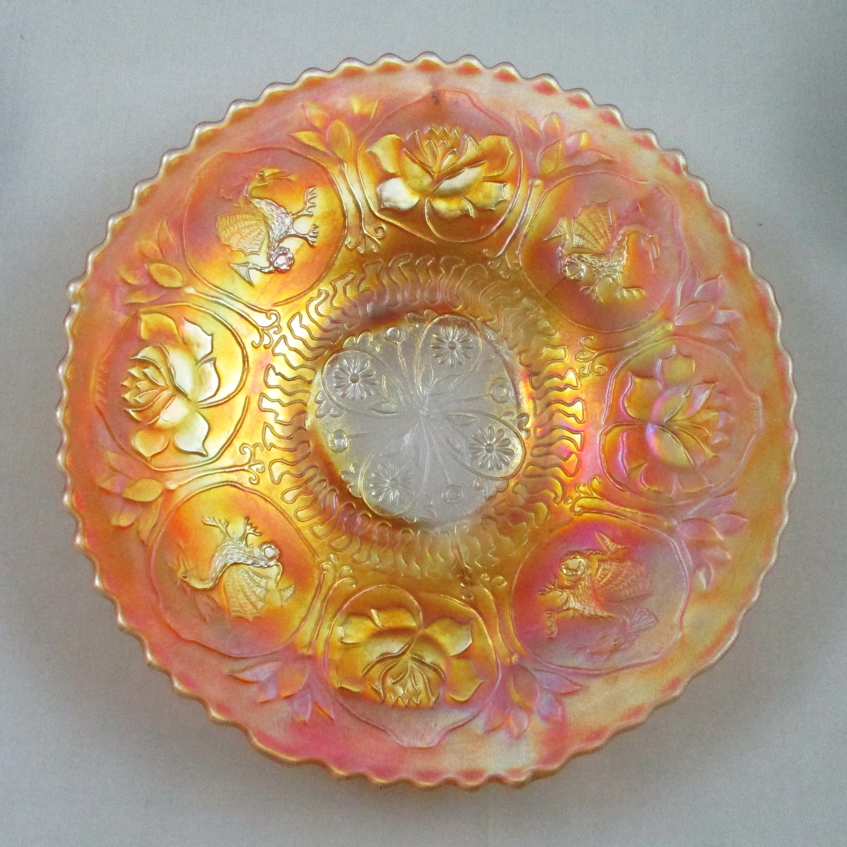 Antique Fenton Marigold Dragon & Lotus Carnival Glass Footed Plate Antique Fenton Marigold Dragon & Lotus Carnival Glass Footed Plate
