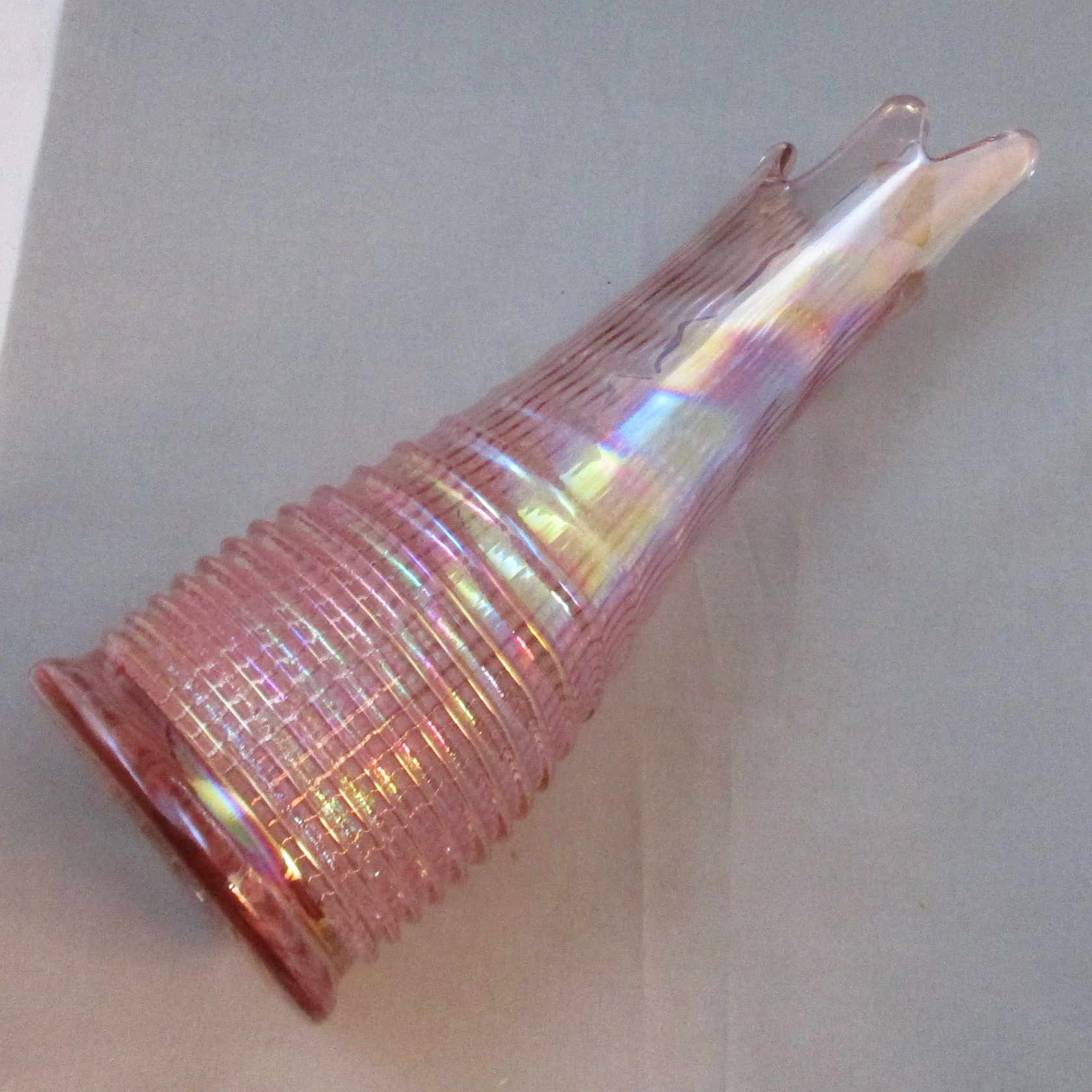 Imperial Pink Ripple Carnival Glass Swung Vase Imperial Pink Ripple Carnival Glass Swung Vase